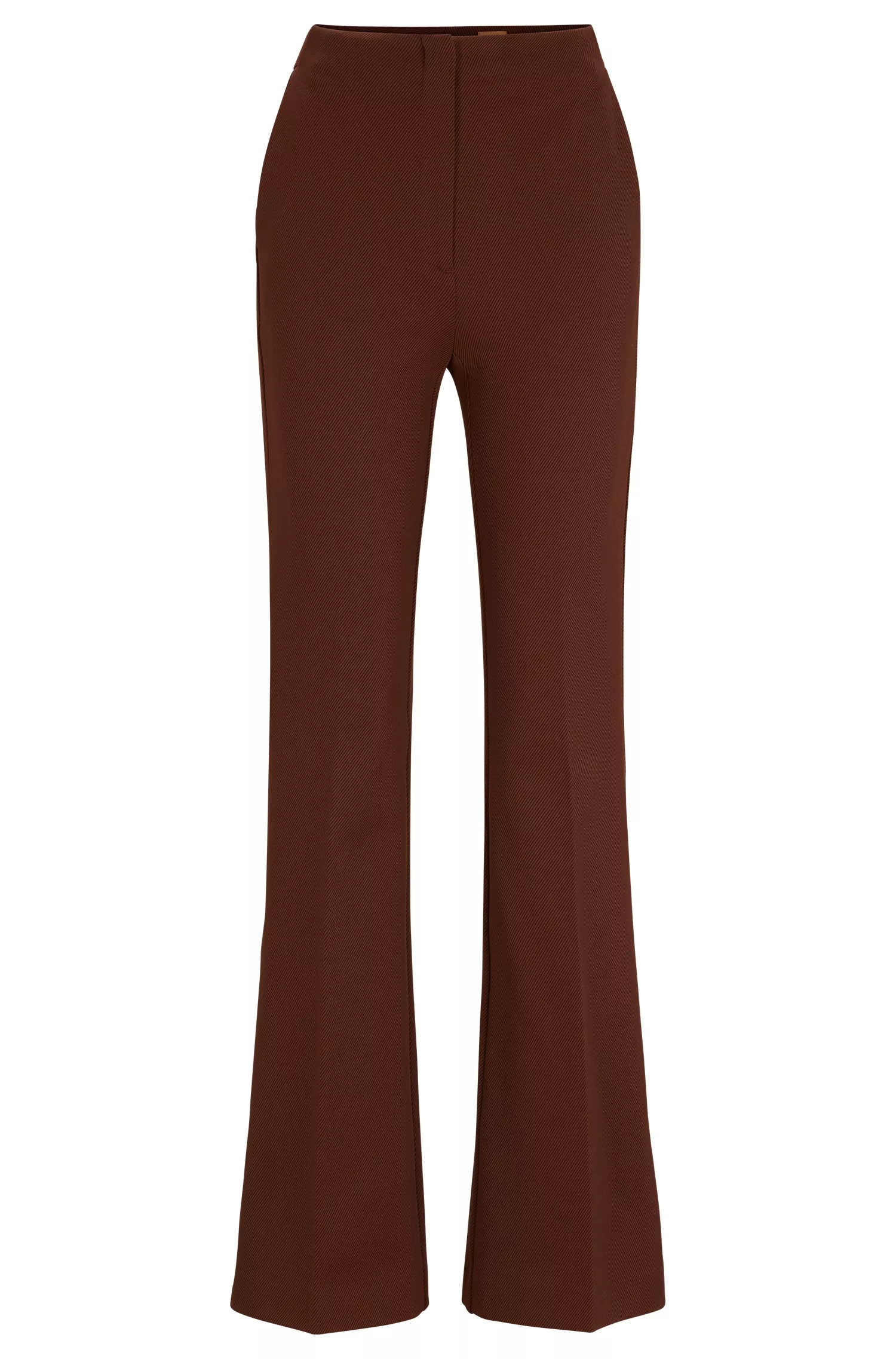 Calça BOSS preta, corte regular, em sarja elástica com pernas flare.