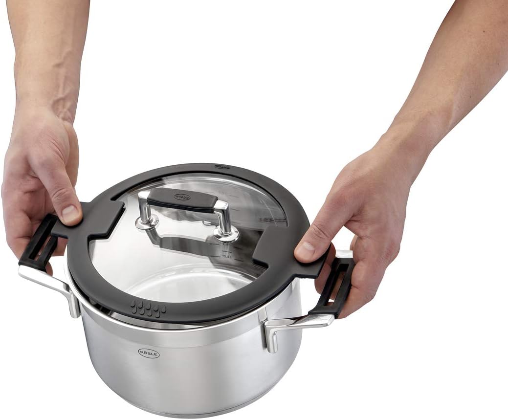 RÖSLE SILENCE PRO Topf-Set 4-teilig, hochwertiges Universaltopfset mit 3 Kochtöpfen und 1 Stielkasserolle, Edelstahl 18/10, Glasdeckel, Innenskalierung, induktion & spülmaschinengeeignet, Silberfarben