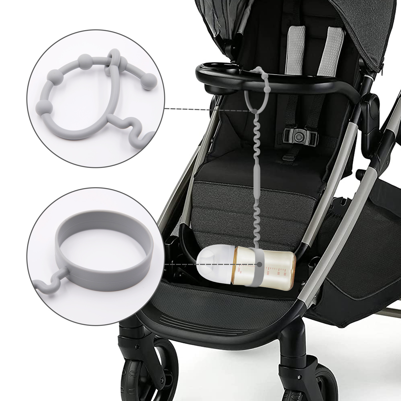 (34cm) Silikon Kinderwagen Flaschen Halterung Cup Catcher Fallschutz für Fläschchen / Spielzeug - Grau