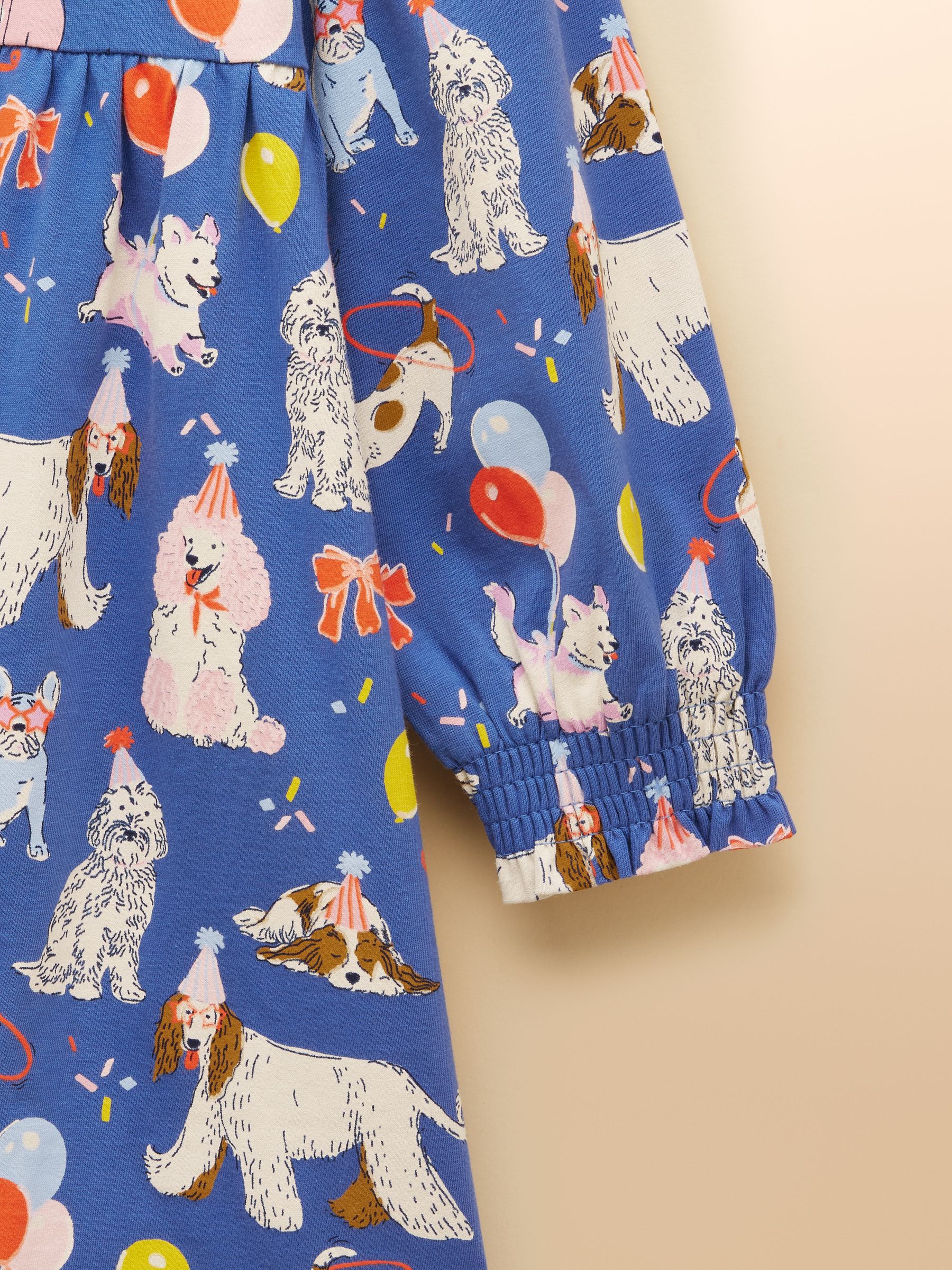 Blauw met hond - Joules - Hampton - Jersey meisjesjurk met lange mouwen