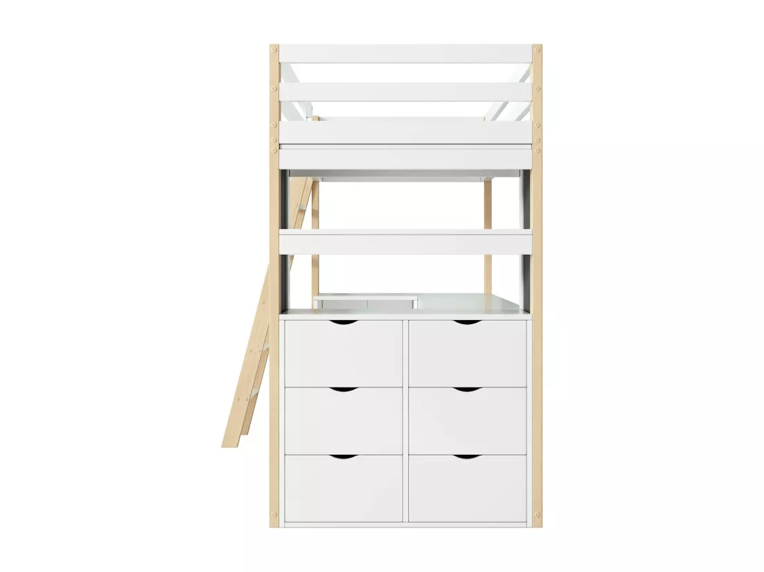 Lit mezzanine avec bureau - 90 x 200 cm - 6 grand tiroir - clôture et escalier - bois massif et MDF - Blanc