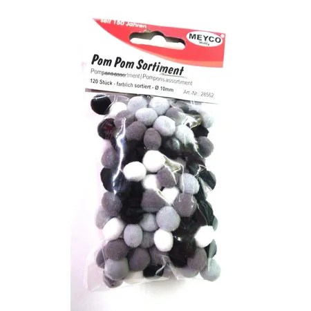 Meyco Pompoms 120 Stück 10 mm schwarz, weiss, hell- und dunkelgrau