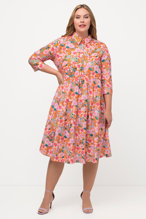 Hemdblusenkleid, Blüten, A-Linie, Hemdkragen, 3/4-Arm