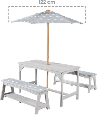Roba Barn Piknikbord Set til 4 Deluxe med Parasoll & Sitteputer, Grå