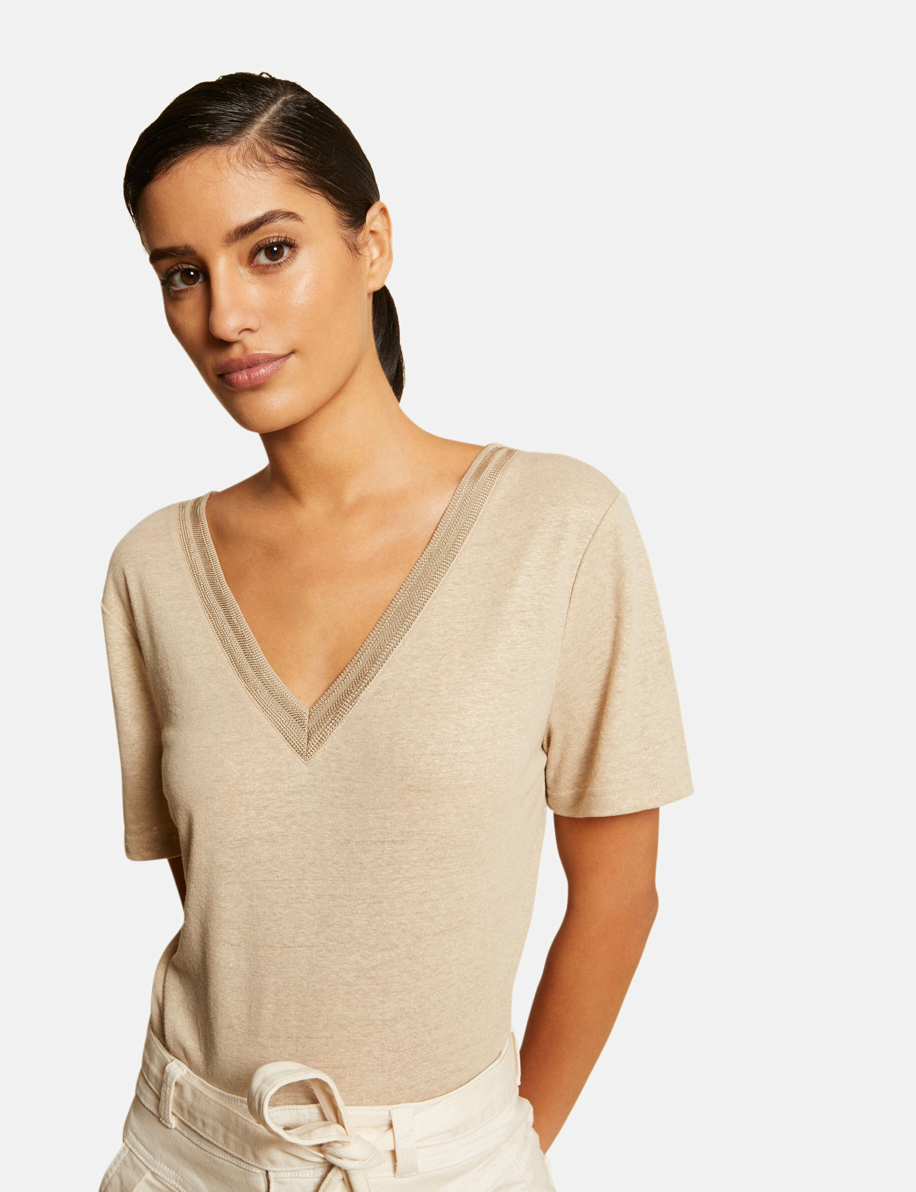 T-shirt manches courtes à col en V beige femme - beige