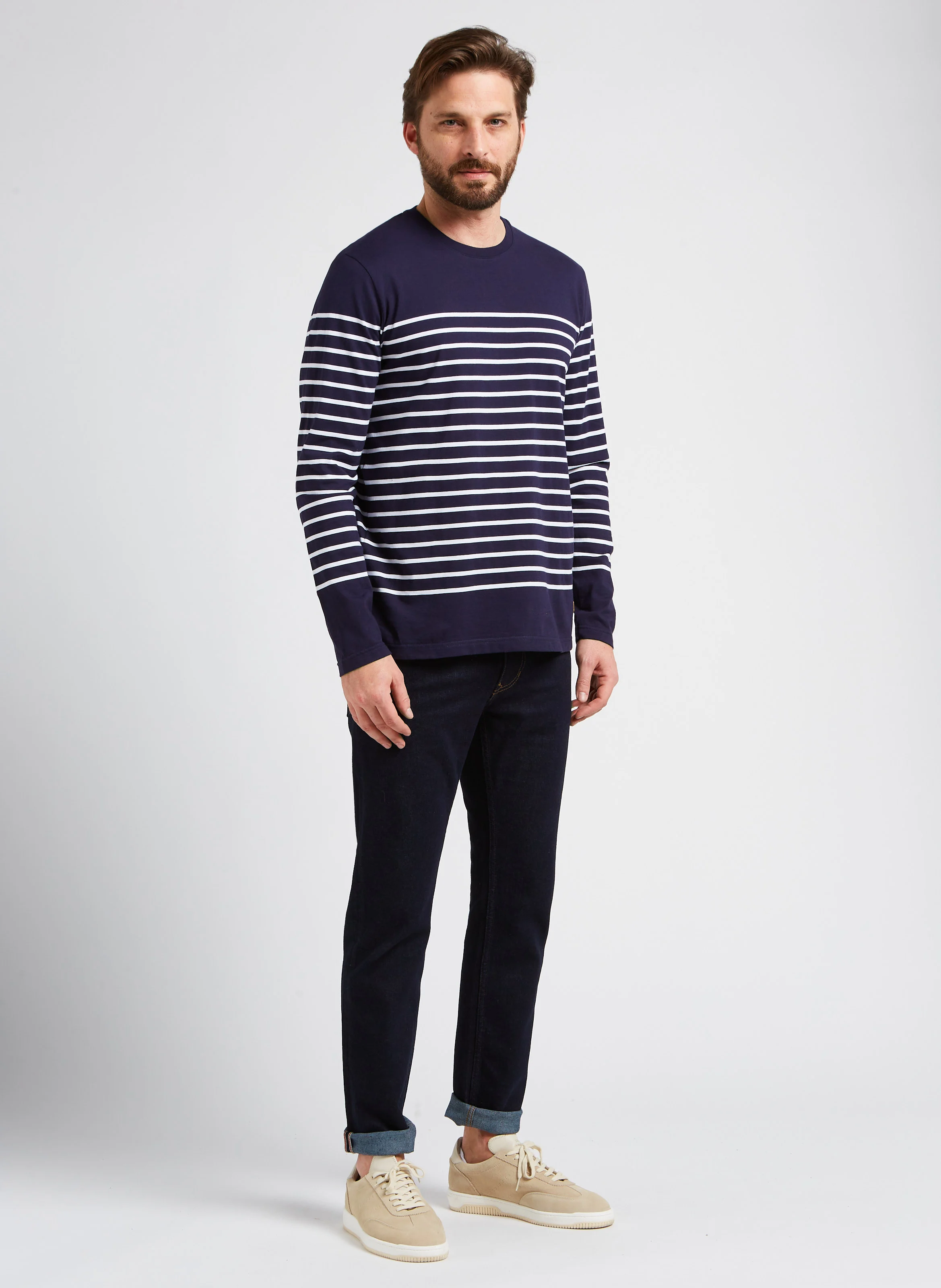 Marinière col rond slim-fit en jersey de coton light | Bleu