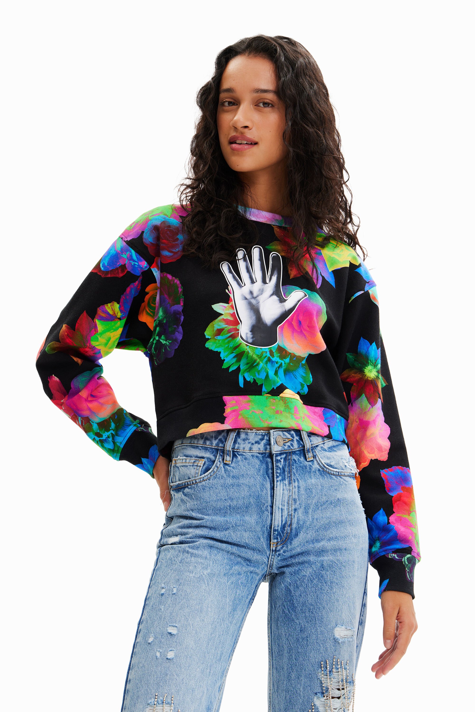 Sweat-shirt court fleurs main