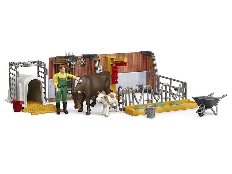 Bruder Spielwaren Kuh- und Kälberstall mit Landwirt Bauernhof-Spielset mit beweglichen Figuren, Tieren und Zubehör