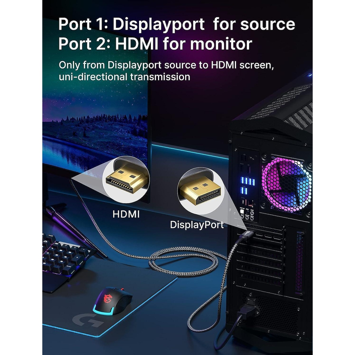 NÖRDIC 1,5m Displayport til HDMI 4K60Hz Dynamic HDR 18Gbps