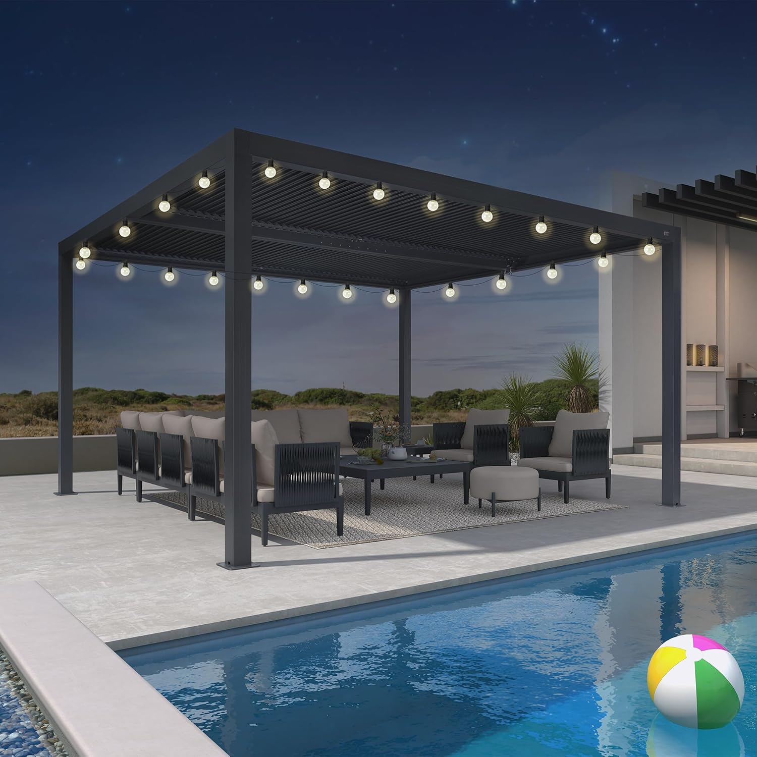 PURPLE LEAF Alu Lamellenpavillon 3.65 x 4.25 m mit 14.6 m 24 LED Kugel Lichterkette Pergola mit Verstellbaren Lamellendach Terrassenüberdachung Wasserdicht Stabil Lamellenpergola für Terrasse, Grau