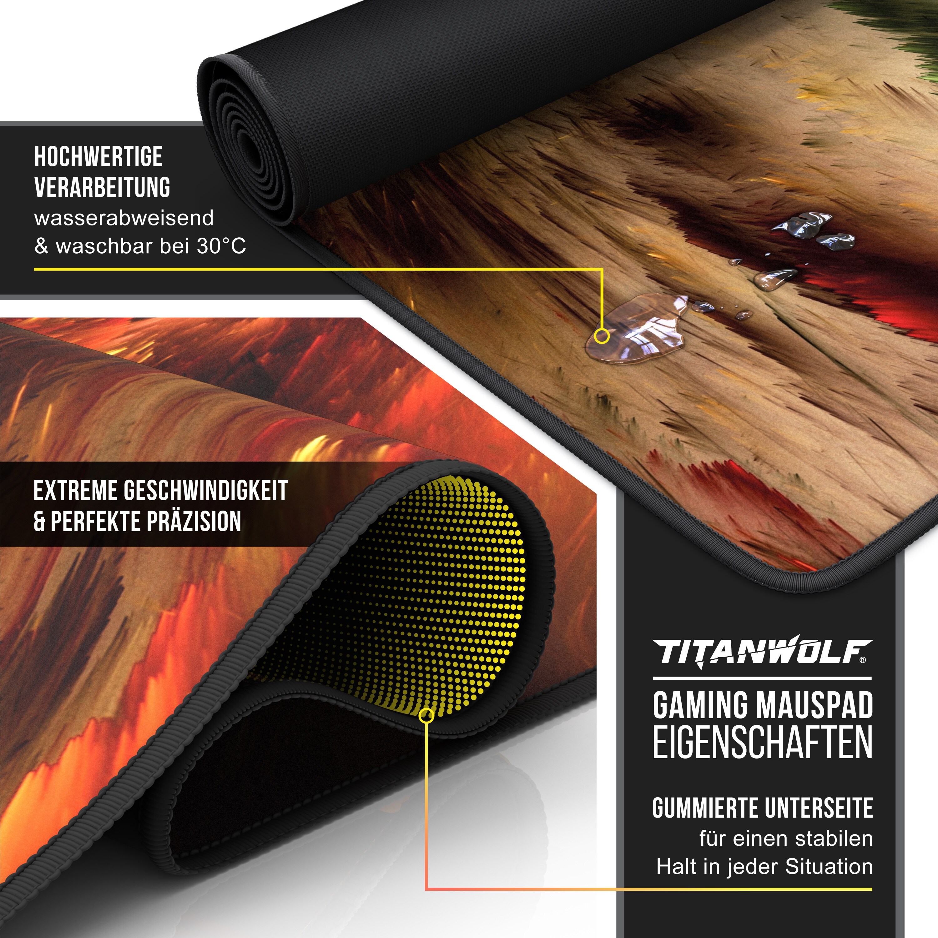 Titanwolf Gaming Mauspad, 900 x 400mm XXL Mousepad, verbessert Präzision & Geschwindigkeit, Golden Storm