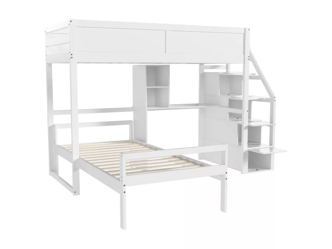 Lit superposé 90x200cm en bois massif - avec escalier de rangement et bureau - Blanc