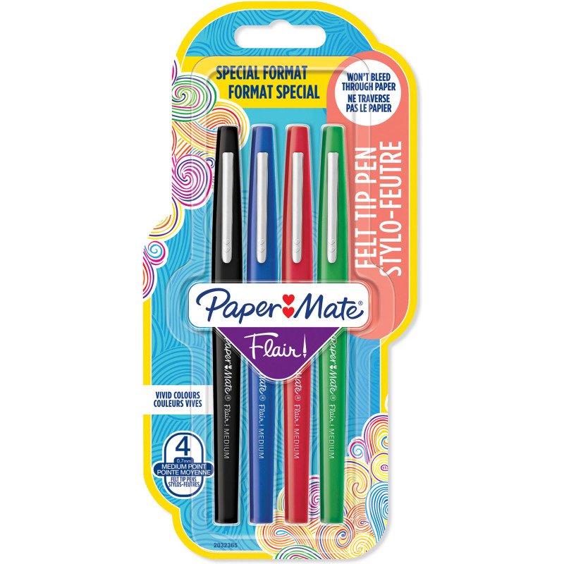 Stylo feutre Paper Mate Flair écriture moyenne - Pochette de 4 couleurs classiques