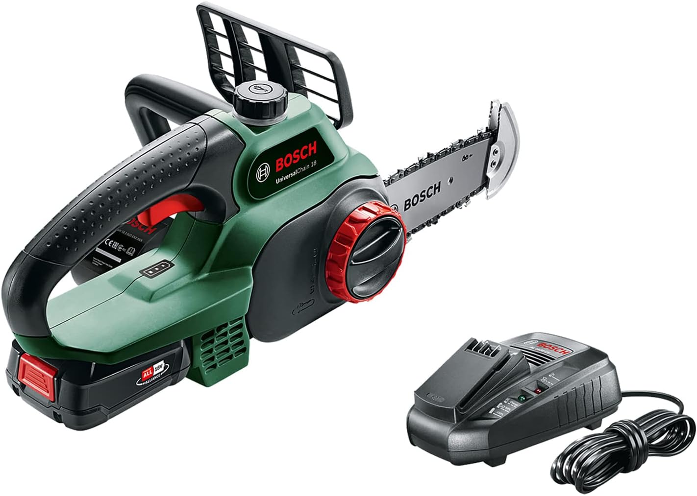 Bosch Akku Kettensäge UniversalChain 18 (1 Akku, 18 Volt System, im Karton) + Bosch Ersatzkette (für UniversalChain 18, in Blisterverpackung)