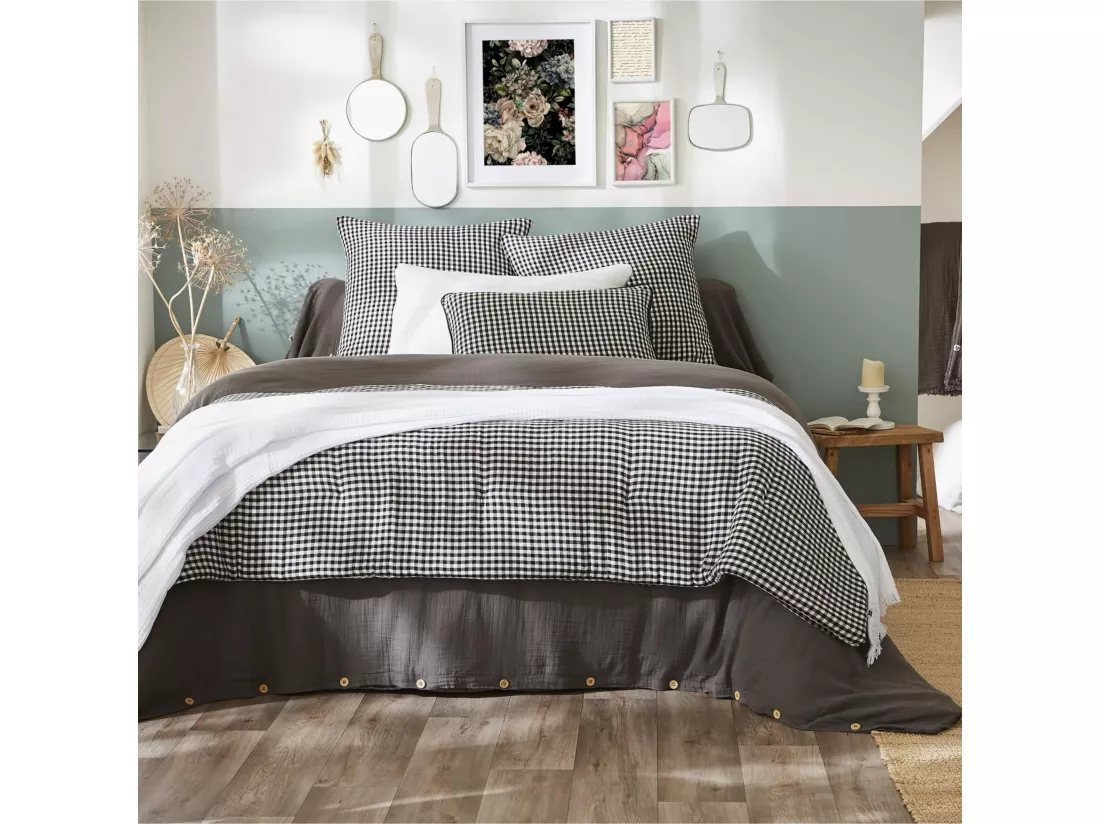 Taie d'oreiller gaze de coton imprimé vichy 50x70 Noir
