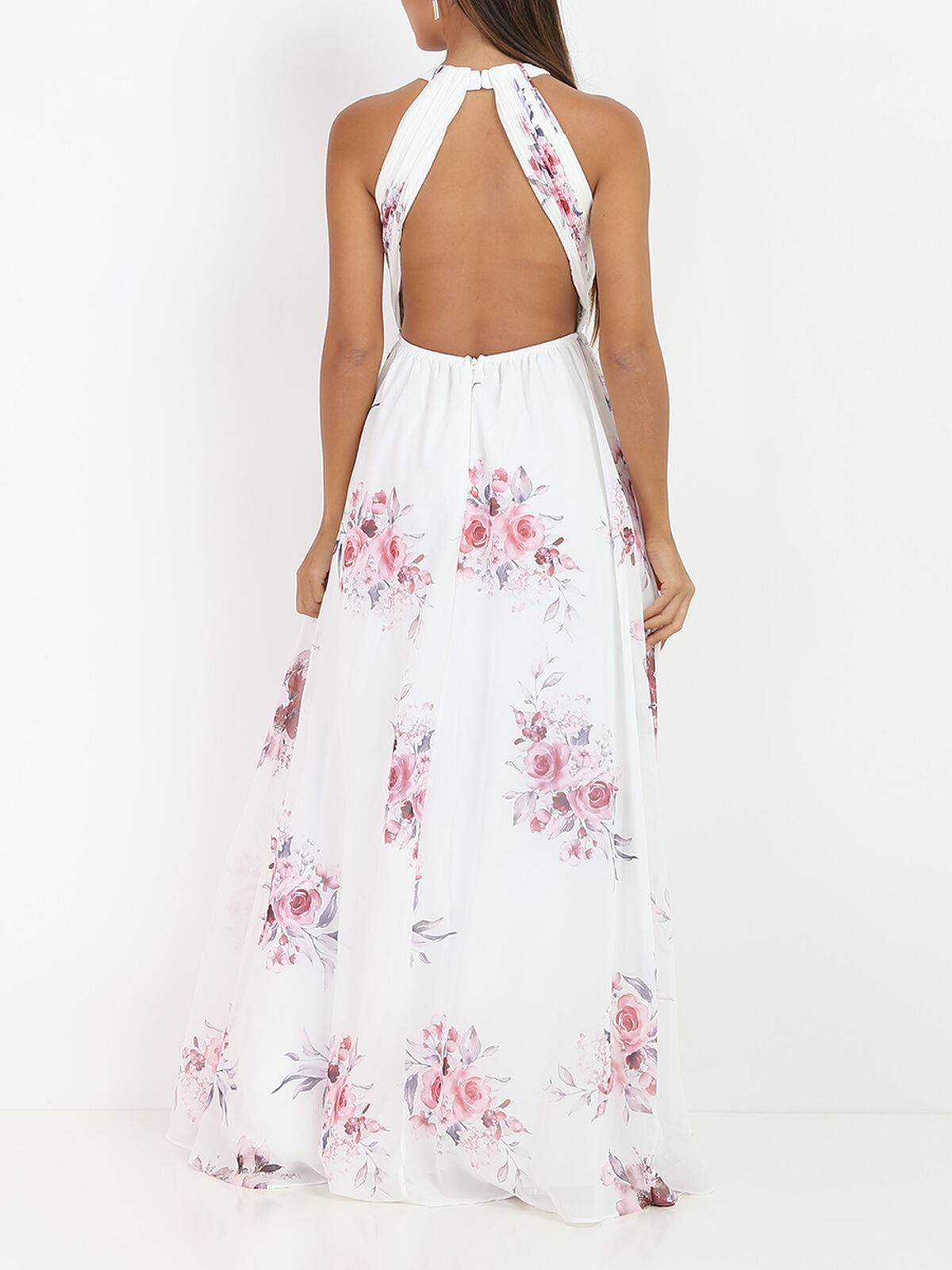 Robe longue dos nu à fleurs- Blanc