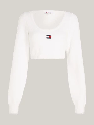 Blusa cropped com decote baixo e emblema