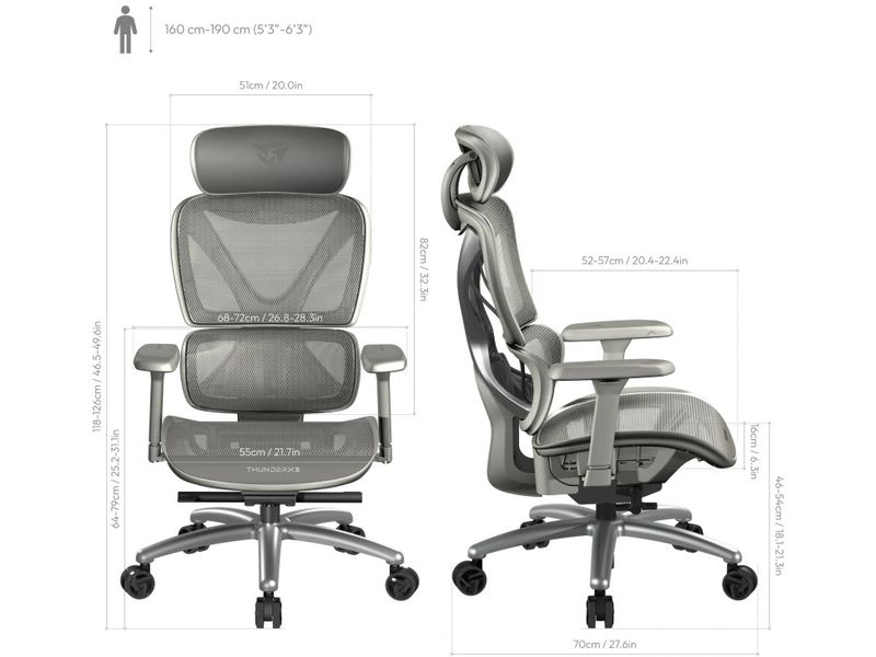 ThunderX3 Bürostuhl XTC-Mesh Grau Ergonomischer Bürostuhl