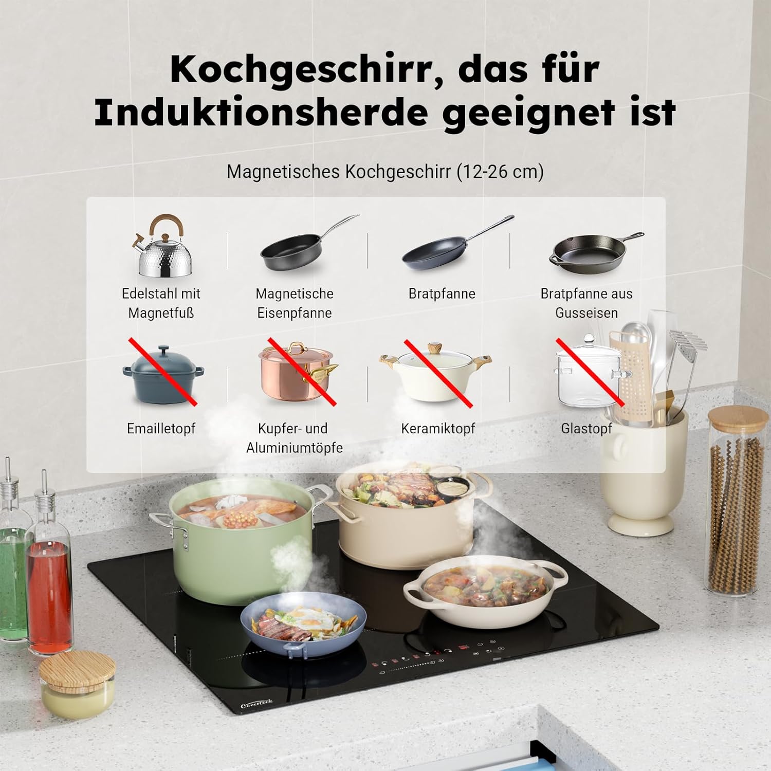 COVERCOOK Stecker und Induktionskochfeld 60 cm,4 Zonen Induktion Herdplatte, Touch-Bedienung Kochfelder Induktionsplatte,Power Booster, 13A 2800W