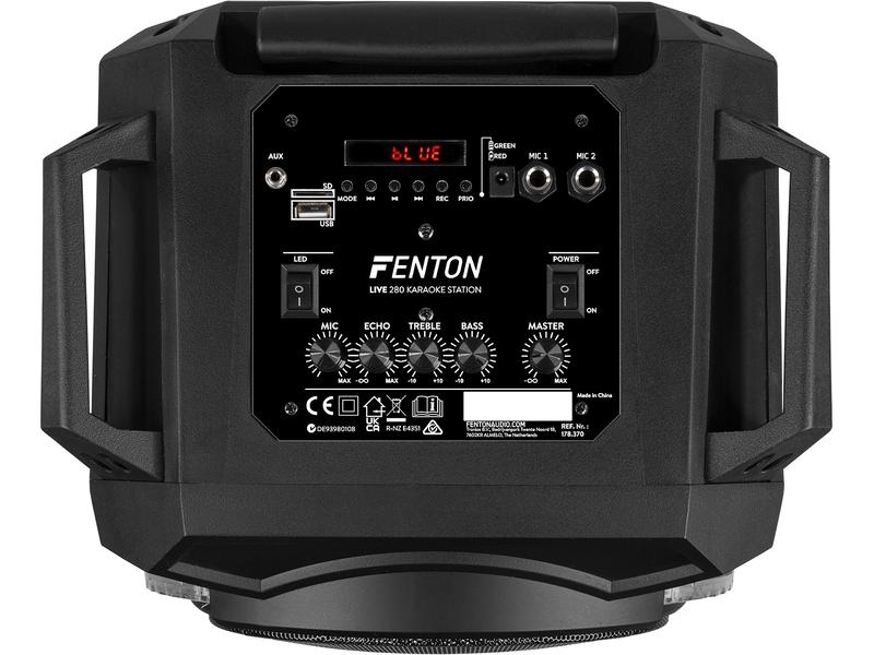 Fenton Lautsprecher LIVE280 Karaoke Maschine Schwarz Aktive, 2-Wege, lichtwechselnde Karaoke-Anlage mit 2 Mikrofone und Fernbedienung