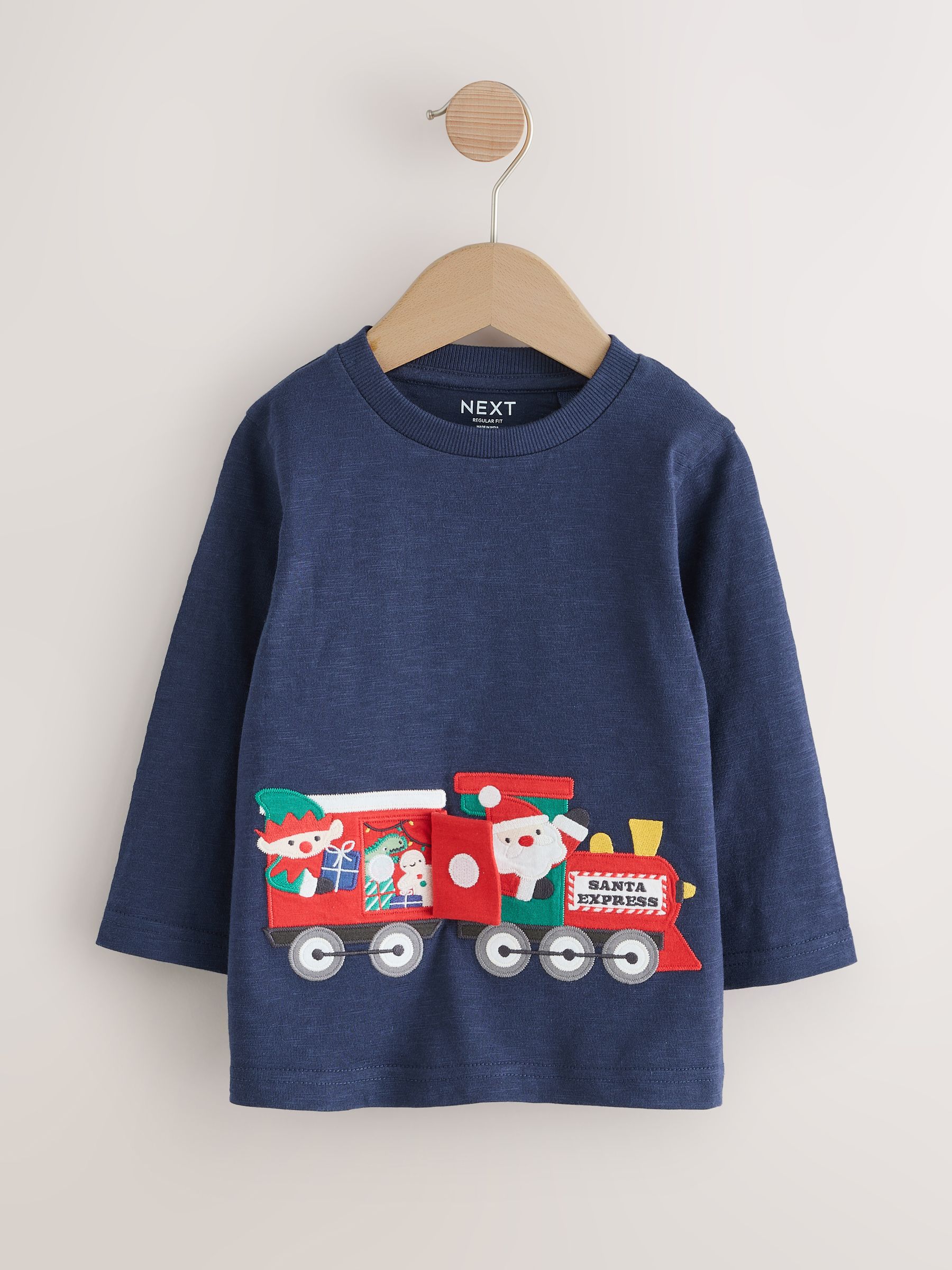Marineblauwe Santa Trein-applicatie - Kerst-T-shirt met lange mouwen (3mnd -7jr)
