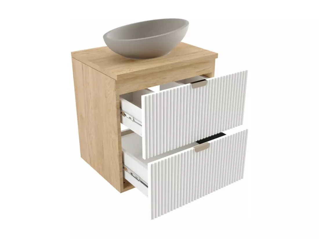 Meuble lavabo WENA, façades cannelées, Willy, 80x60x47 cm, Blanc/Noyer