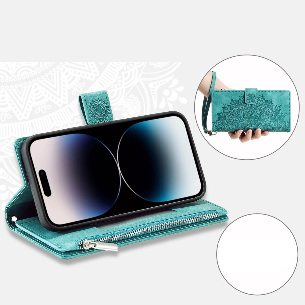 iPhone 16 Pro Leder Tasche Flip Cover mit Reissverschluss - Mandala Flowers Imprint - Türkis