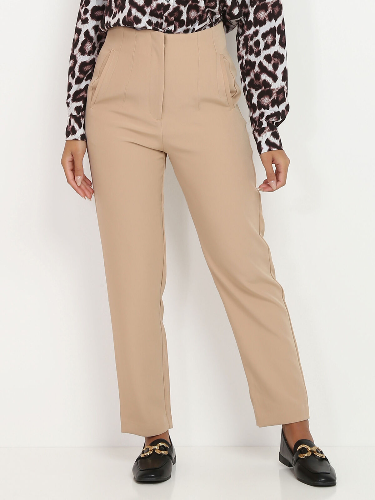 Pantalon droit taille haute- Beige