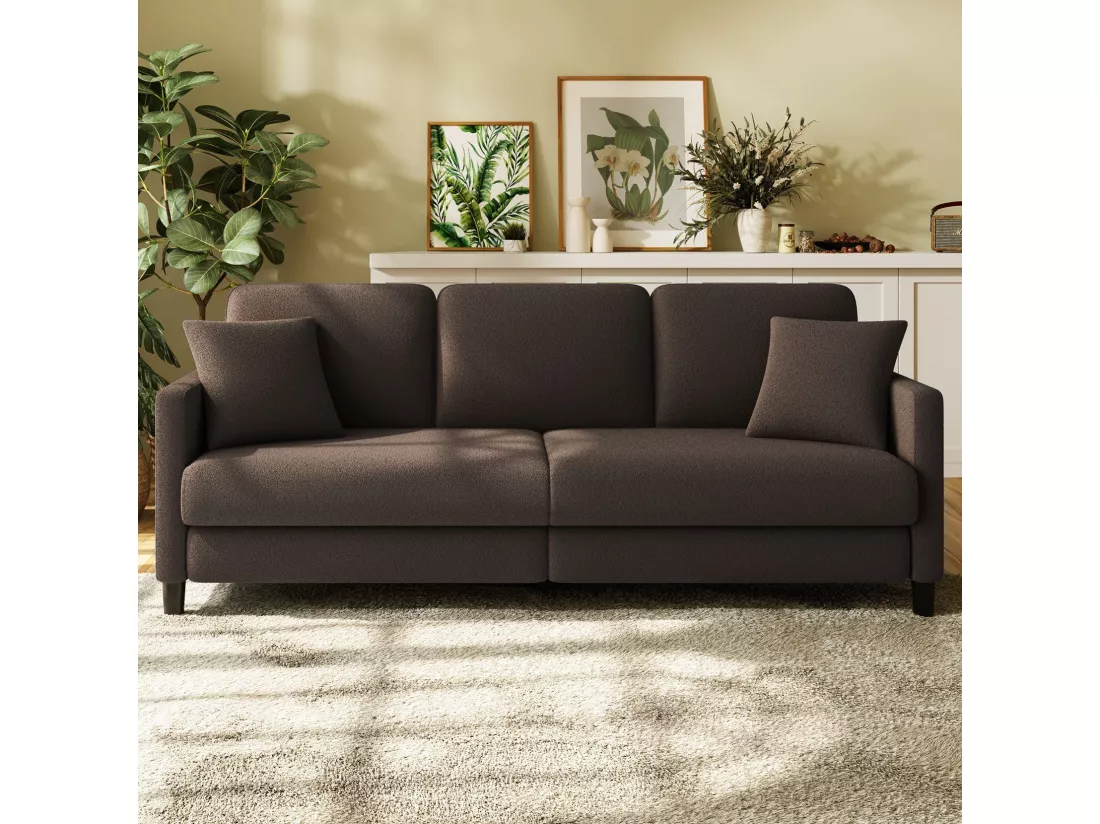 Canapé 3 Places en Velours Teddy,Grand Canapé Droit Confort en Bois Massif,Loveseat avec Accoudoirs,210 x 79 x 89 cm - Marron