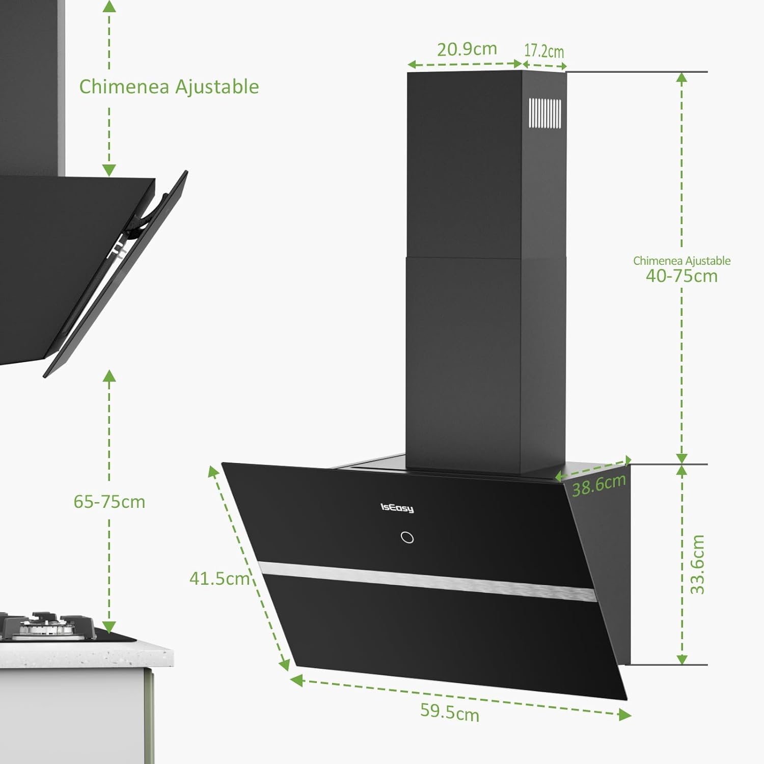 Dunstabzugshaube 60 cm, IsEasy Umluft Dunstabzugshaube mit 578 m³/h starke Saugleistung, Wandhaube 60 cm mit kohlefilter, 4 Einstellstufen, Abluftmodus,1-9-Minuten-Timer, 58 dB, Schwarz, Effizienz A++