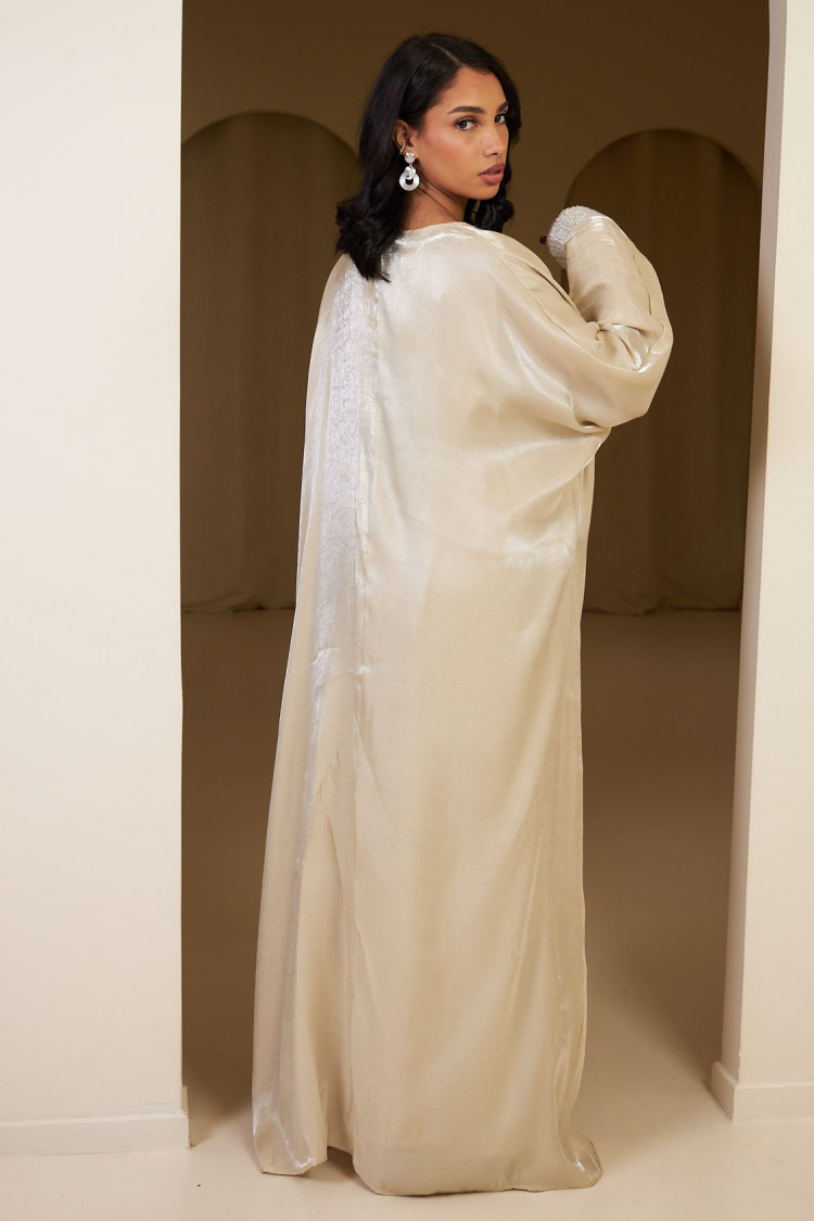 Ensemble 2 pièces abaya + gilet satiné beige