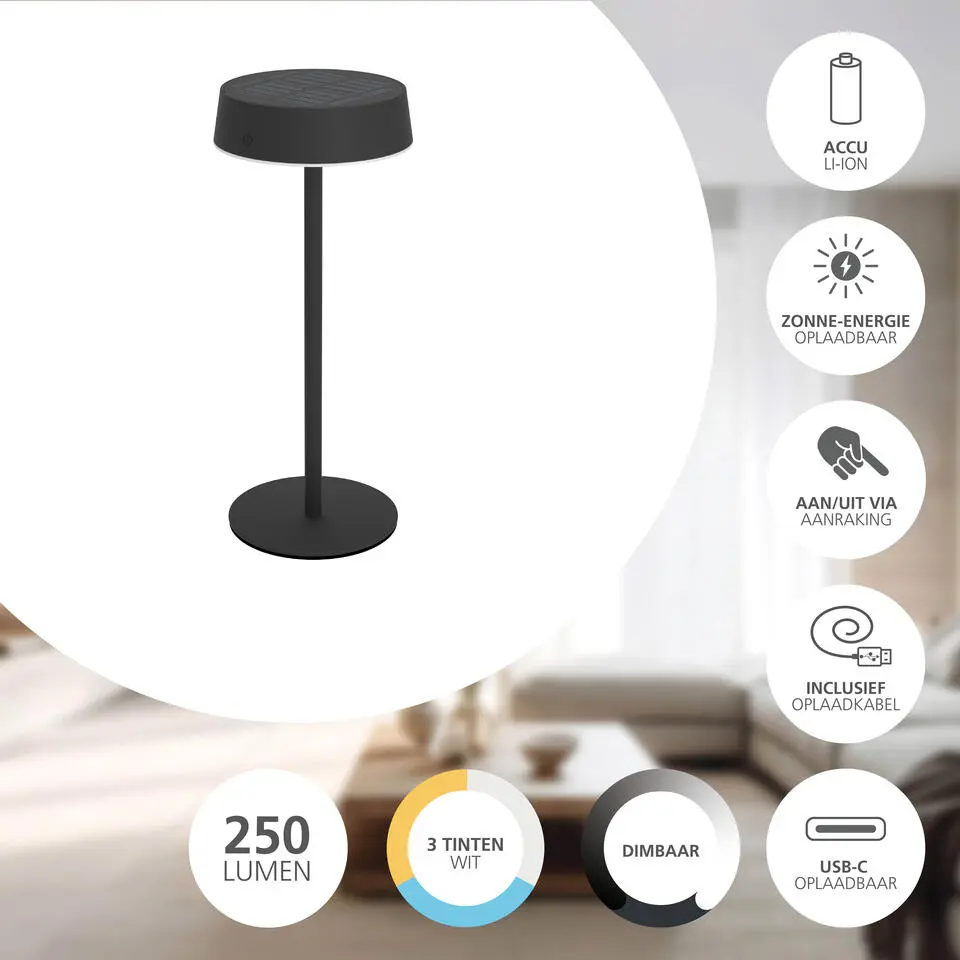 EGLO Simeri Tafellamp Buiten - Solar - 31 cm - Zwart - Oplaadbaar