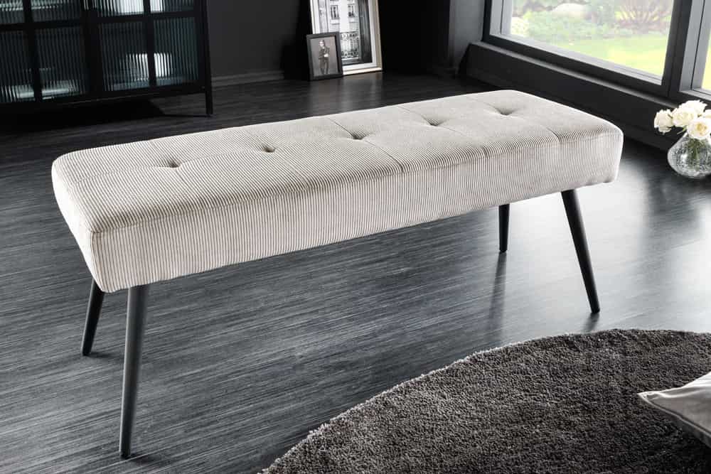 Design Sitzbank BOUTIQUE 100cm hellgrau Cord schwarze Metallbeine