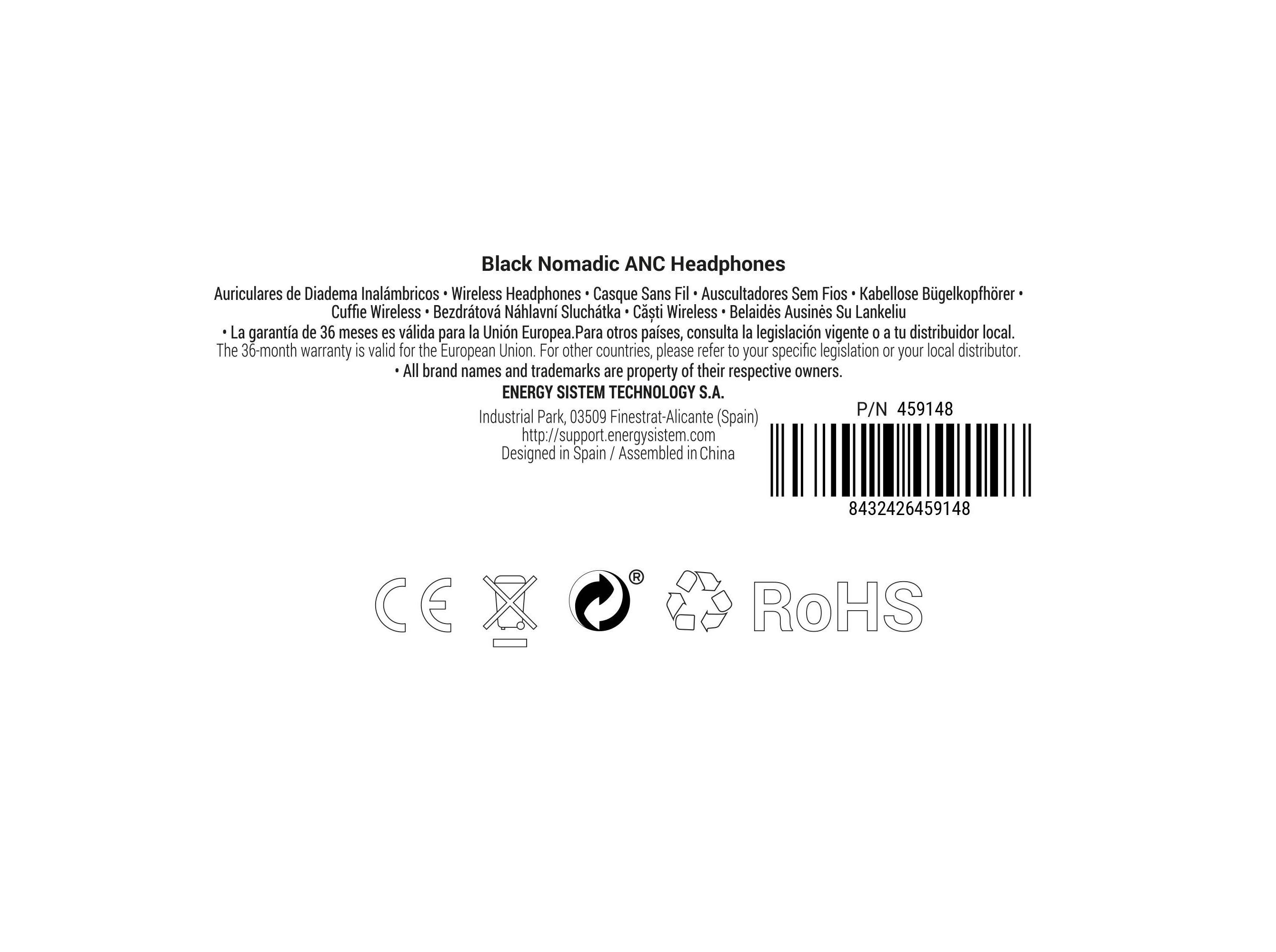 AUSCULTADORES BLUETOOTH ENERGY SISTEM BLACK NOMADIC ANC