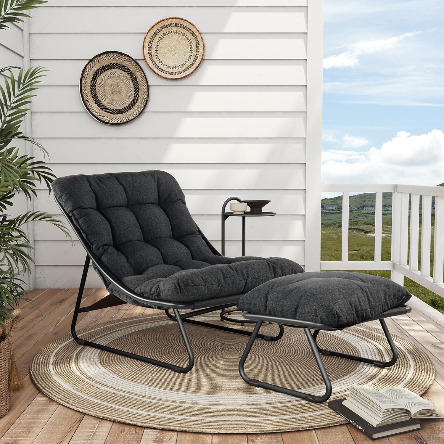 Grand patio Loungesessel Outdoor Gartenliege, Relaxsessel Sonnenliege Wetterfest, Liegestuhl mit Beistelltisch und Gartenhocker, Weiche Auflage, für Garten,Terrasse, Belastbarkeit 150 kg, Dunkelgrau
