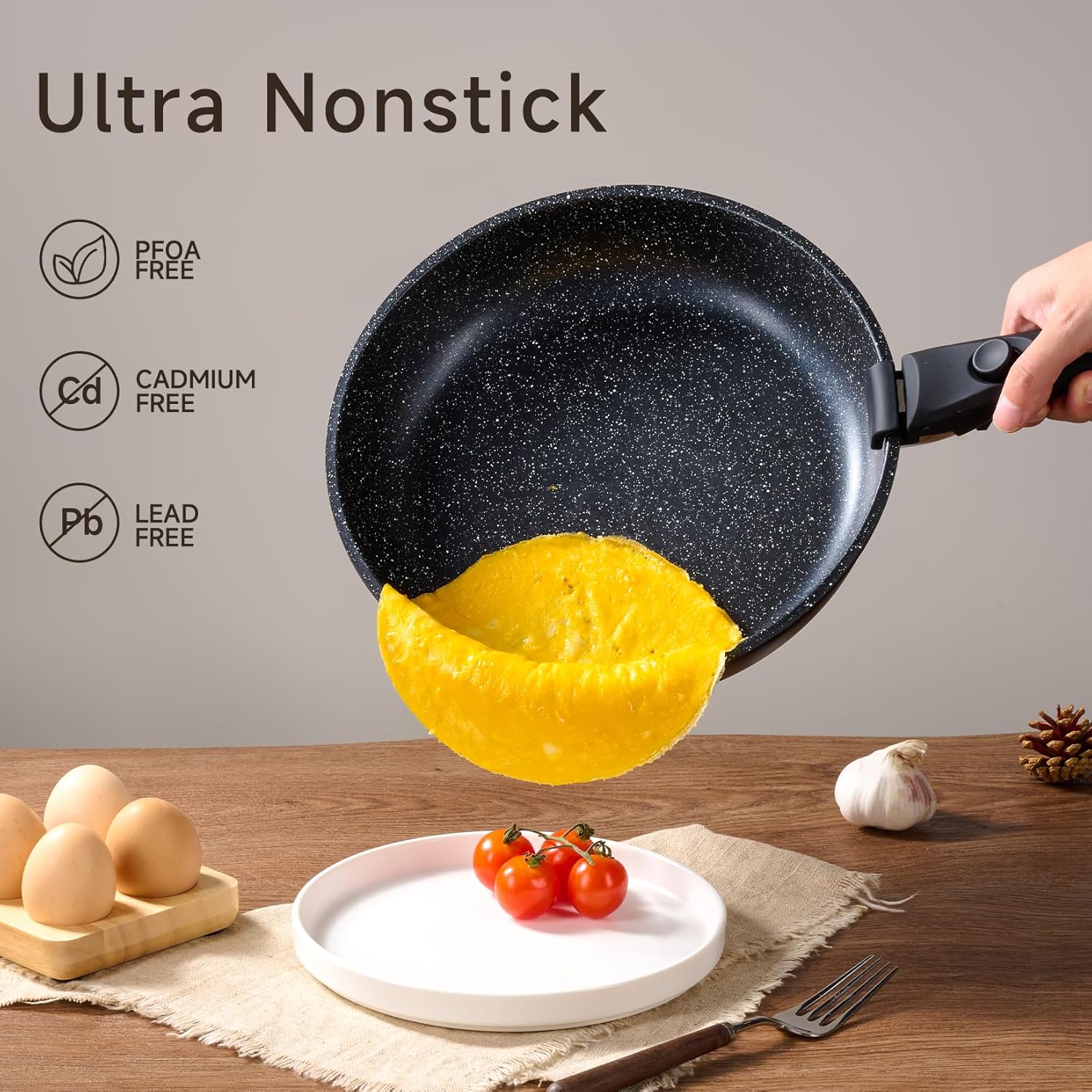 JEETEE Topfset Pfannenset mit abnehmbarem Griff 25-Teilig, Pfanne 20/26cm, Kochtopf 18/20cm, Tiefe Bratpfanne 26cm, Grillpfanne 26cm, Stapelbar Topfset Für alle Herdarten, Antihaft, Ofenfest, Schwarz