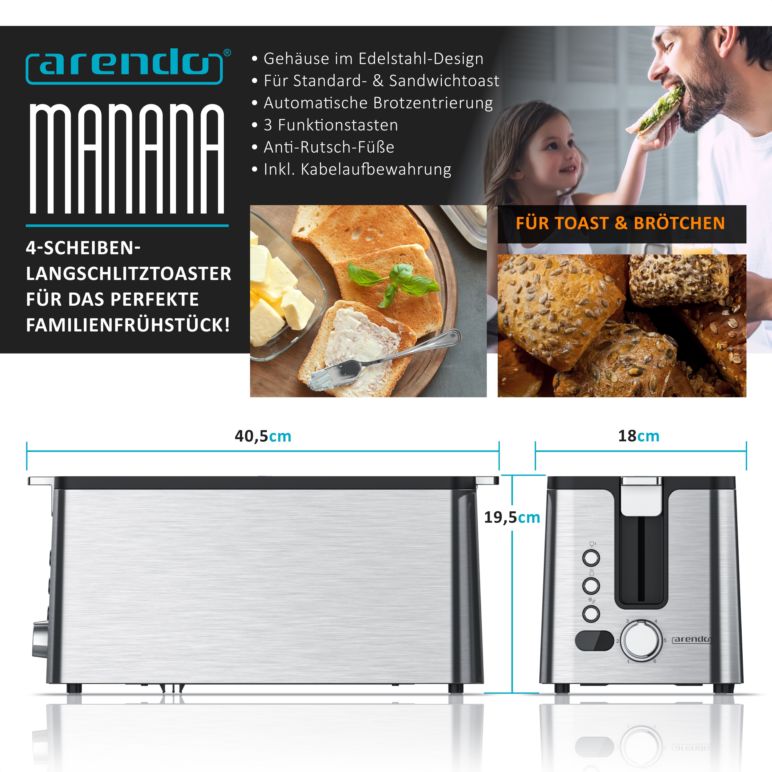 Arendo Edelstahl Toaster Langschlitz 4 Scheiben - Defrost Funktion - wärmeisolierendes Gehäuse - mit integrierten Brötchenaufsatz - Krümelschublade