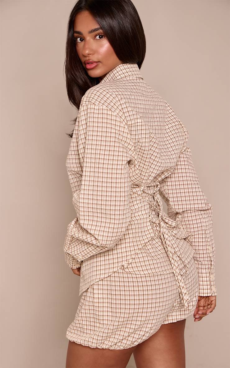 Gris Pierre Ensemble Chemise Cintrée À Carreaux Avec Nœud Dans Le Dos Petite