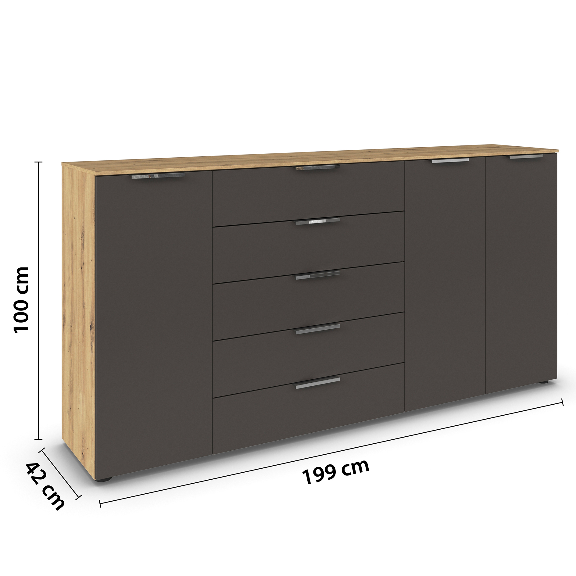 Kommode - Artisan Eiche-graphit - Chromgriffe - 199 cm