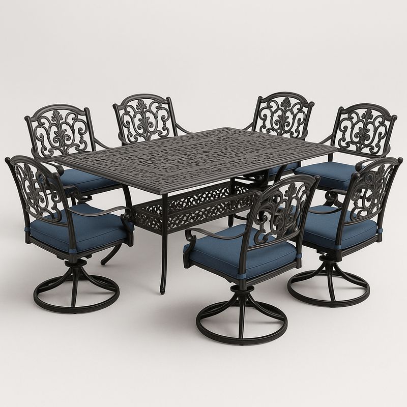 Garten Essgruppe Aluminium 8-teilig mit blauen Sitzkissen