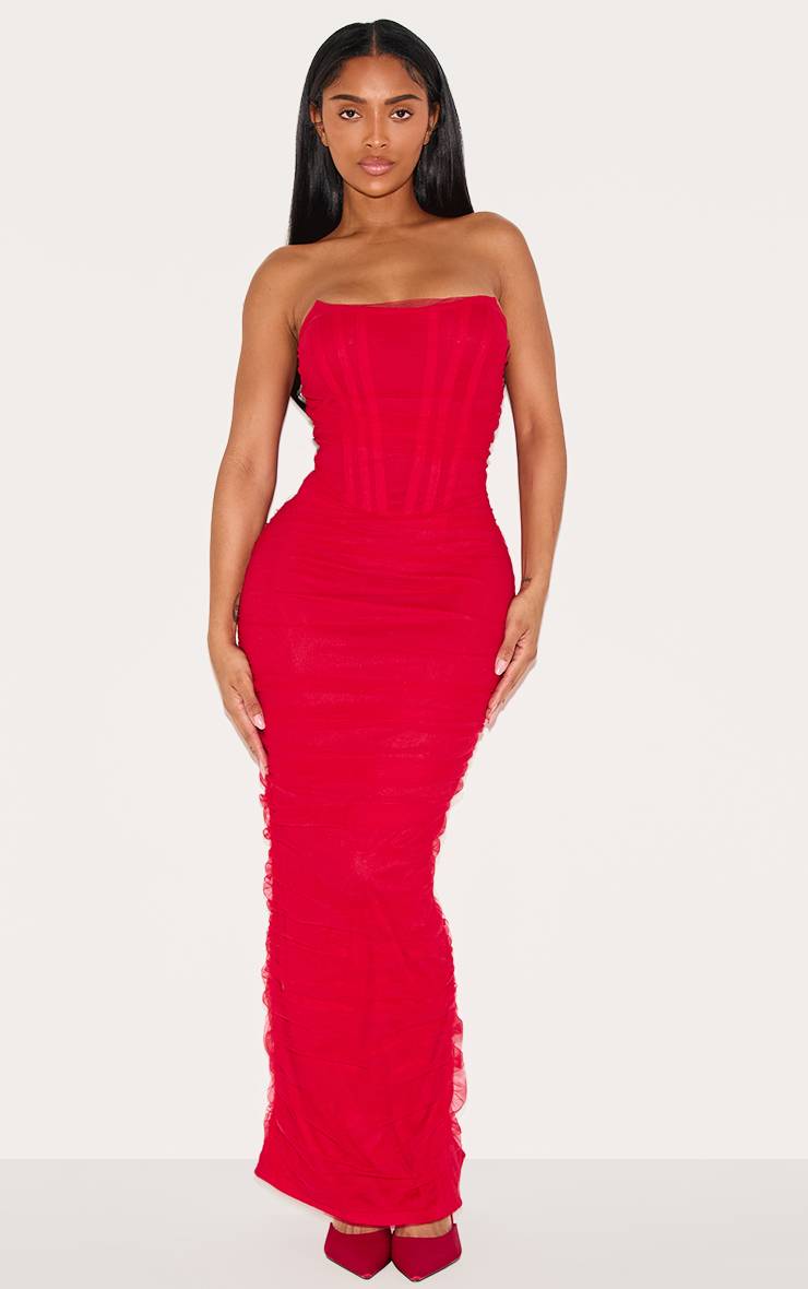 Rouge Robe Maxi Bandeau Corset En Mesh Sculptant