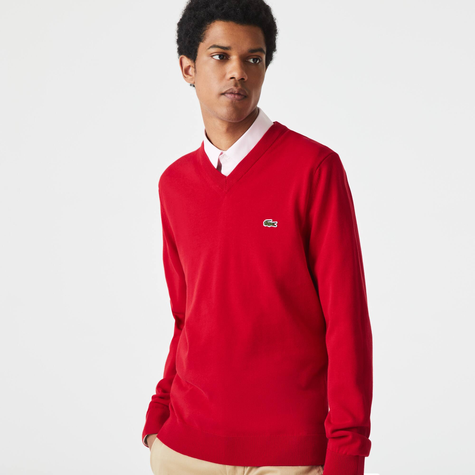 Pull à col V en coton biologique uni Pullovers - Rouge - Lacoste - Homme