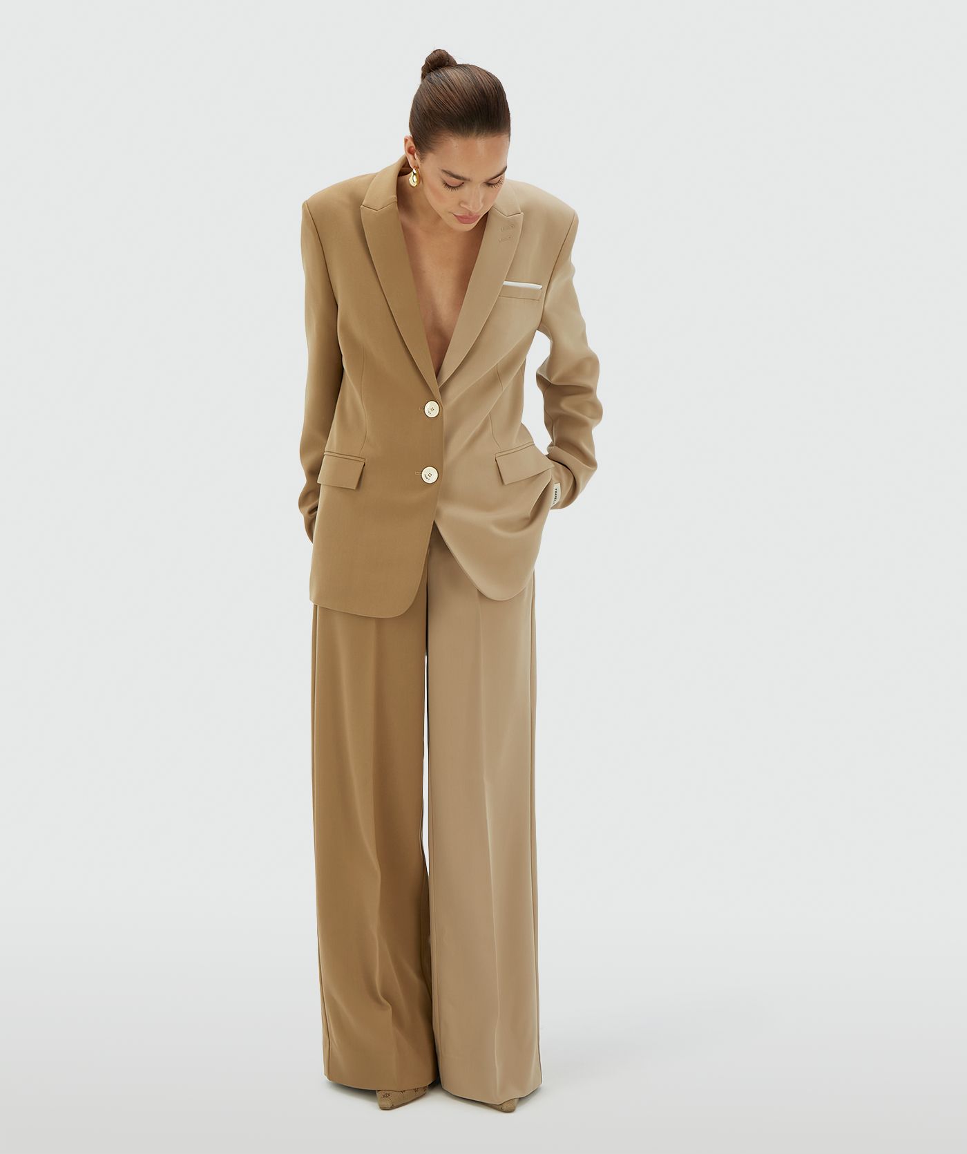 JV-EMMA two-tone mid rise wide leg pantalon - khaki light camel