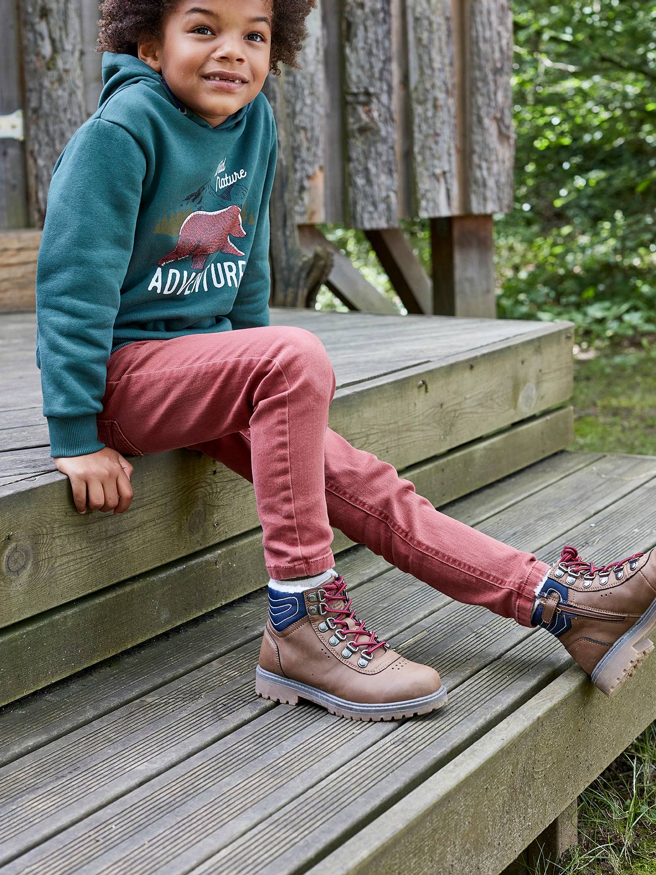 Botas de cano curto com zíper e cadarço, para meninos, marrom médio liso