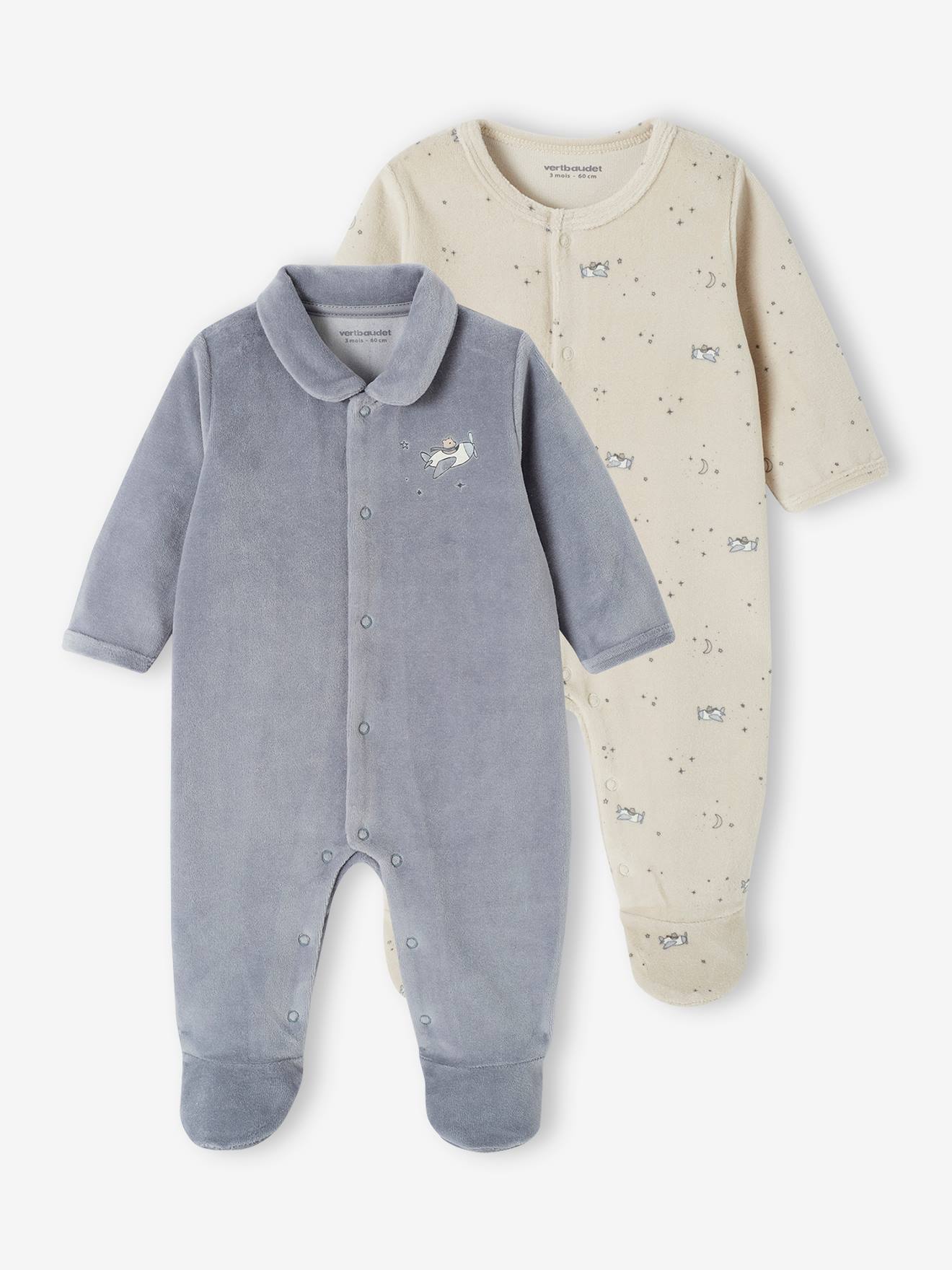 Conjunto de 2 macacões de veludo para bebês recém-nascidos, com abertura, na cor azul-acinzentada.