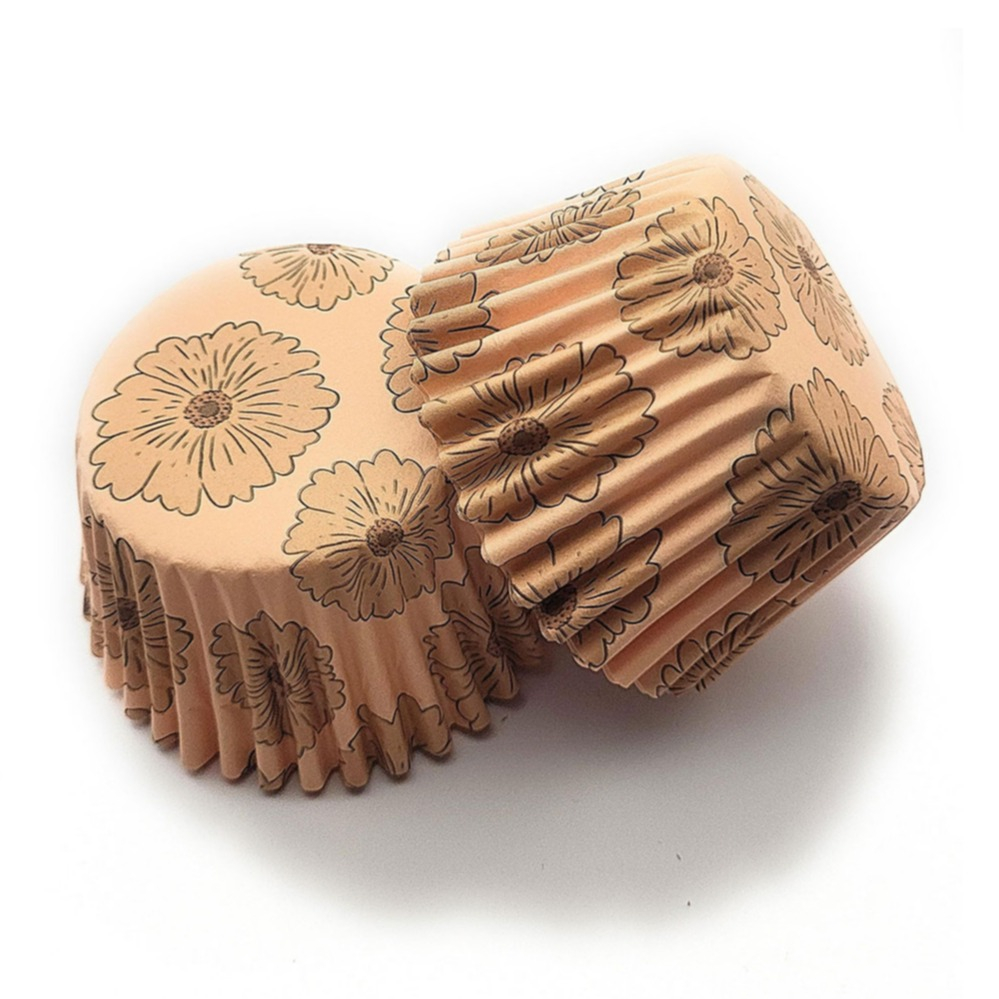(50er Set) Einweg Papier Cupcake Förmchen Muffin Form Backform - Caramel Flowers