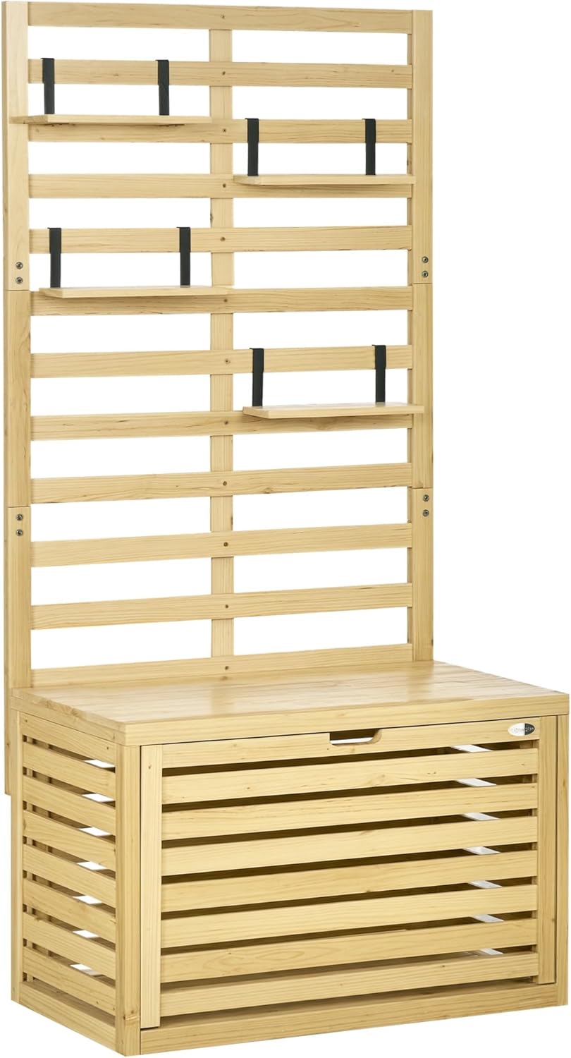 Outsunny Aufbewahrungsbox, Aufbewahrungstruhe mit Rankhilfe, Auflagenbox mit Ablagen, Gartentruhe, Kissenbox, Massivholz, Natur, 80 x 45 x 160 cm