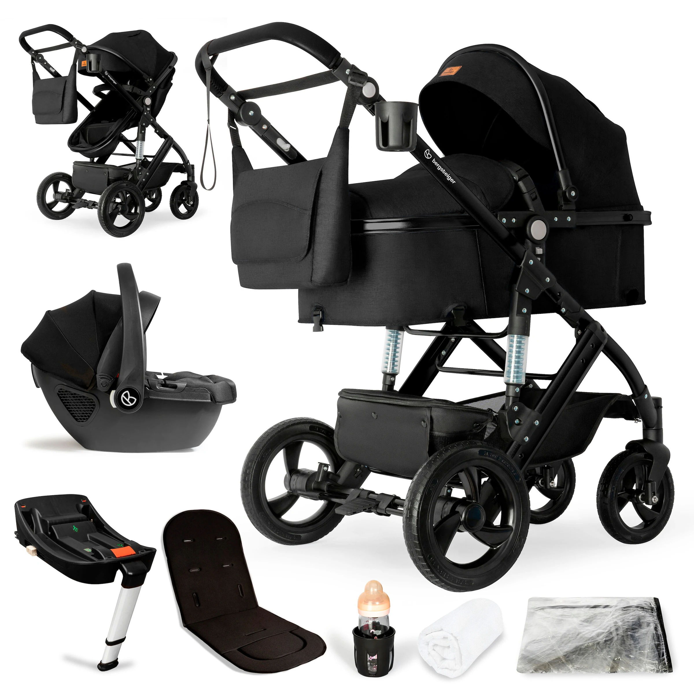 Bergsteiger Kinderwagen Nizza + Babyschale black | Gestell: black