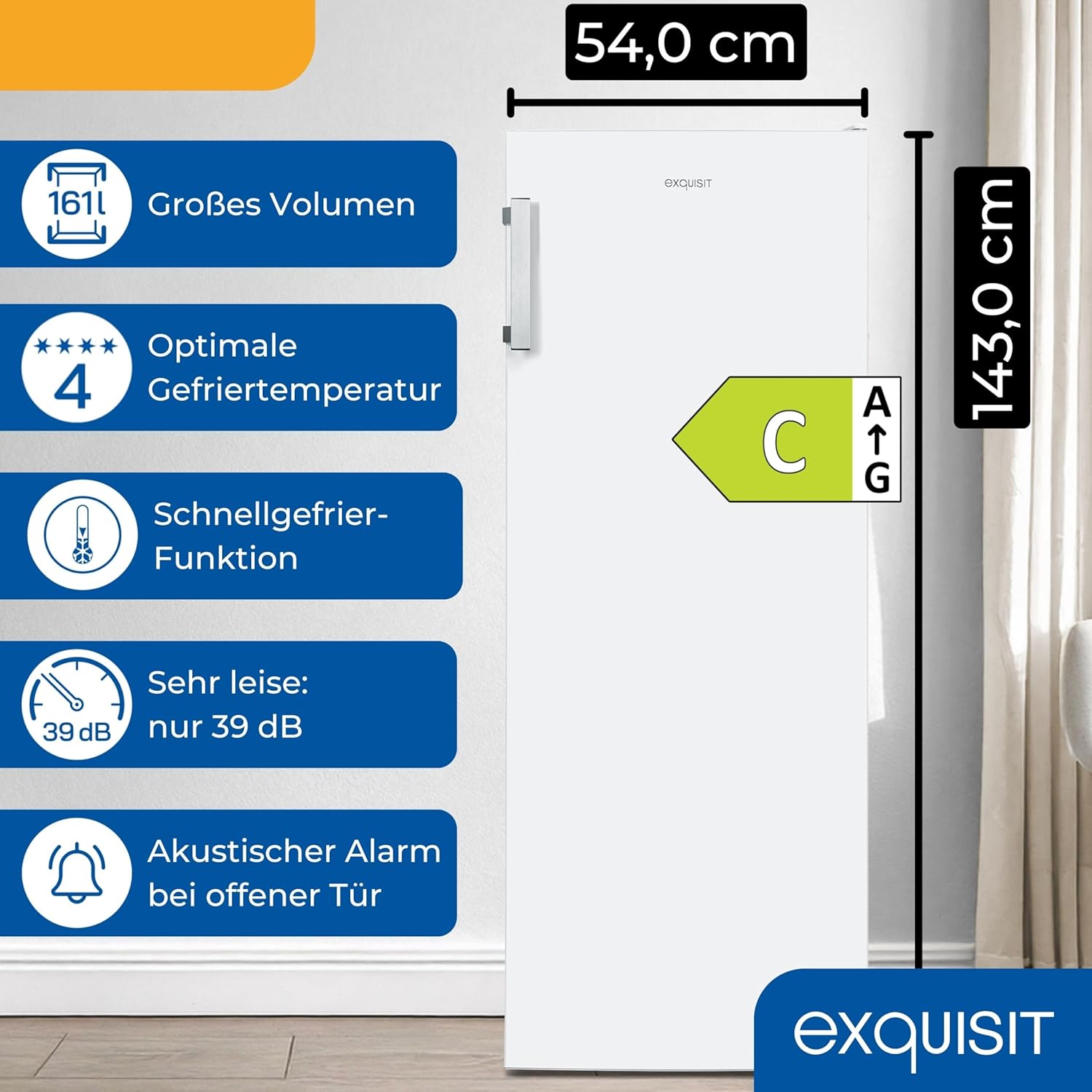 Exquisit Gefrierschrank | 161 l Nutzinhalt, Energieklasse C, 39 dB(A) | NoFrost, Schnellgefrieren, elektronische Temperaturregelung, Türalarm, wechselbarer Türanschlag | GS5231-NF-H-040C weiss