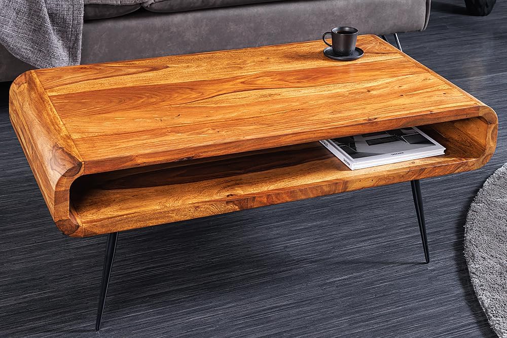 Riess Ambiente Massivholz Couchtisch Alpha 90cm Natur Sheesham Stone Finish Metallbeine mit Stauraum Wohnzimmertisch Wohnraumtisch Sofatisch Holztisch